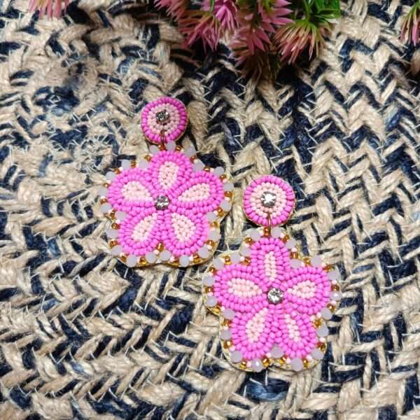 Pink Blossom Beaded Handmade Earrings - Image 2